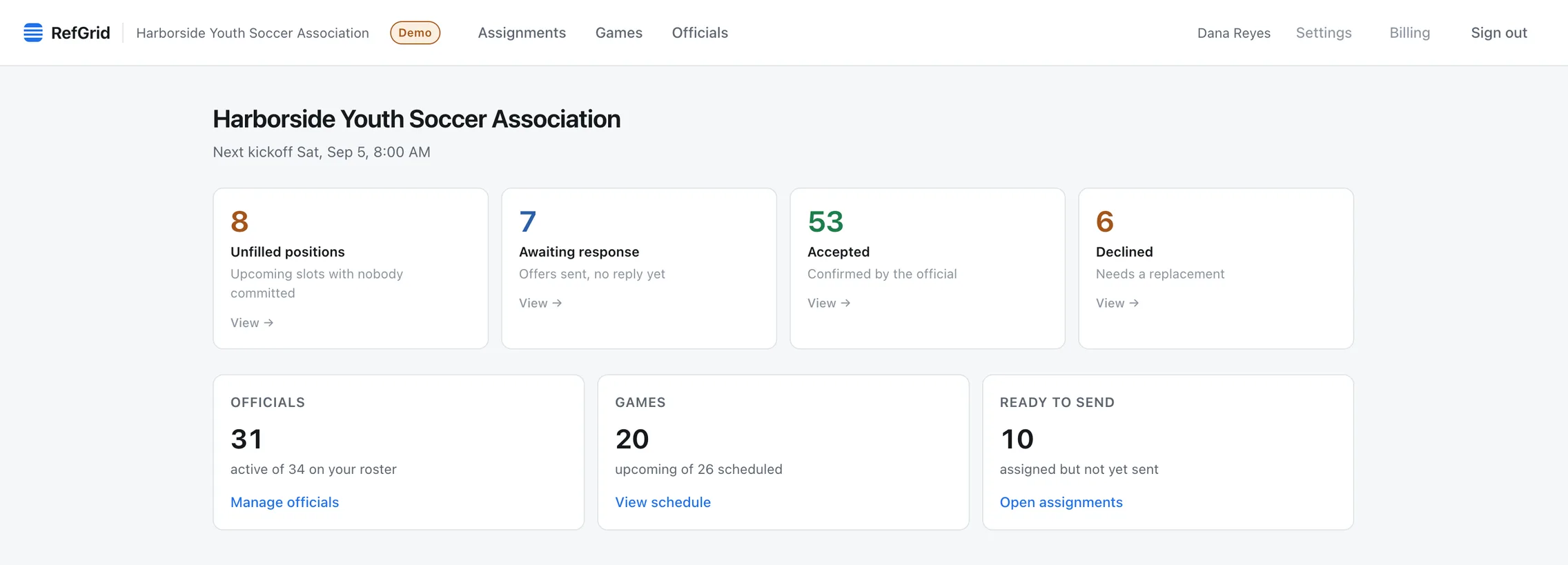 The Ref Grid dashboard: counts of unfilled positions, assignments awaiting a reply, accepted and declined, each linking to the games behind it.